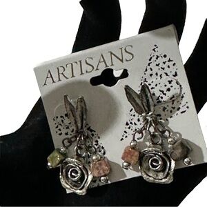 Artisans Brand Silver Tone Leaf Rosette Jasper Gems Dangle Earrings Pierced New